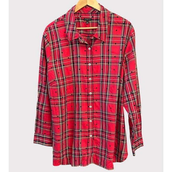 Talbots Plus 3X Plaid Polka Dot Button Front Long Sleeve Blouse Holiday Preppy - Picture 1 of 6